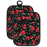 Swooflia 100% Cotton Pot Holders 2 Pack Set for Kitchen with Pockets - Cute 440°F Heat Resistant Oven Hot Pads Heavy Duty for Countertop Home Cooking Baking Microwave BBQ Cherry