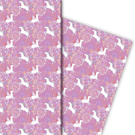 Einhorn Geschenkpapier mit Herzen für tolle Geschenk Verpackung und Überraschungen (4 Bogen, 32 x 48cm), auf rosa