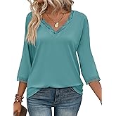 Tankaneo Womens 3/4 Length Sleeve Tops Lace V Neck T-Shirts Dressy Casual Loose Fit Tunic Shirts