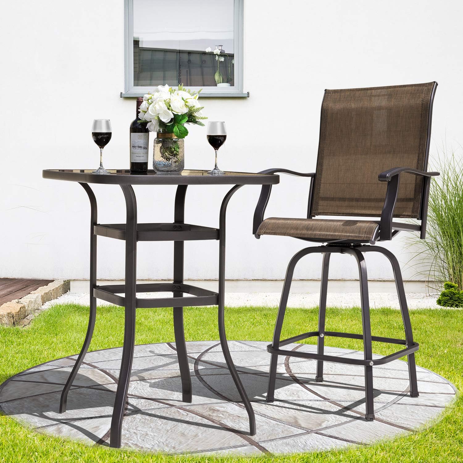 Nuu Garden Outdoor Bar Height Patio Tables, 32 Inch Square Steel Frame High Top Bar Table, Tempered Glass Table Top, Black: Garden & Outdoor