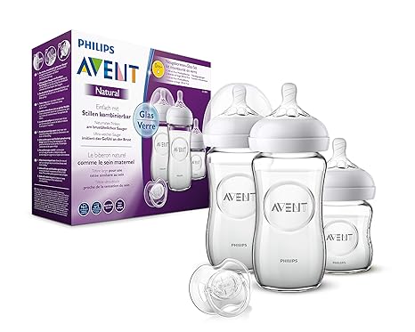 Philips Avent Natural Flaschenset SCD303/01 für Neugeborene (120 und 260 ml) 0m+, aus Glas, 3 Flaschen