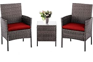 Pyramid Home Decor Alvino Patio Bistro Set 3-Piece Outdoor Wicker Furniture Sets, Modern Rattan Garden Conversation Chair with Thick Cushion and Glass Top Coffee Table (Red)