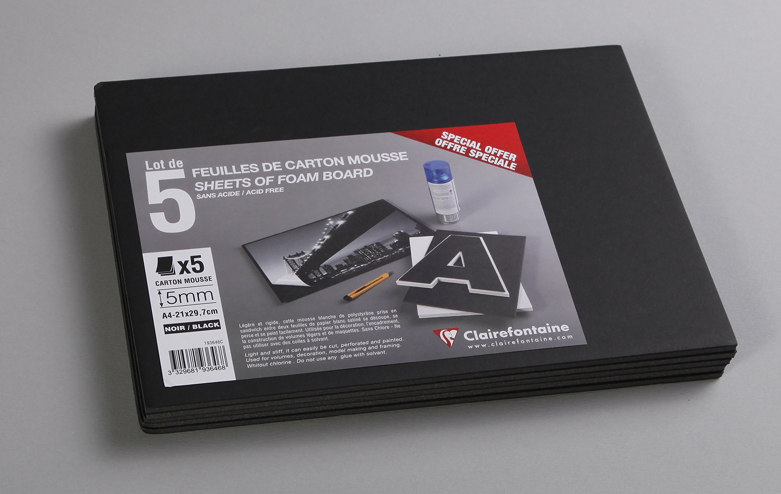 Clairefontaine - Ref 193646C - Foam Board (Pack of 5 Sheets) - A4 (297 x 210mm) in Size, 5mm Thick, Light & Stiff - Suitable for Decoration, Framing & Model-Making