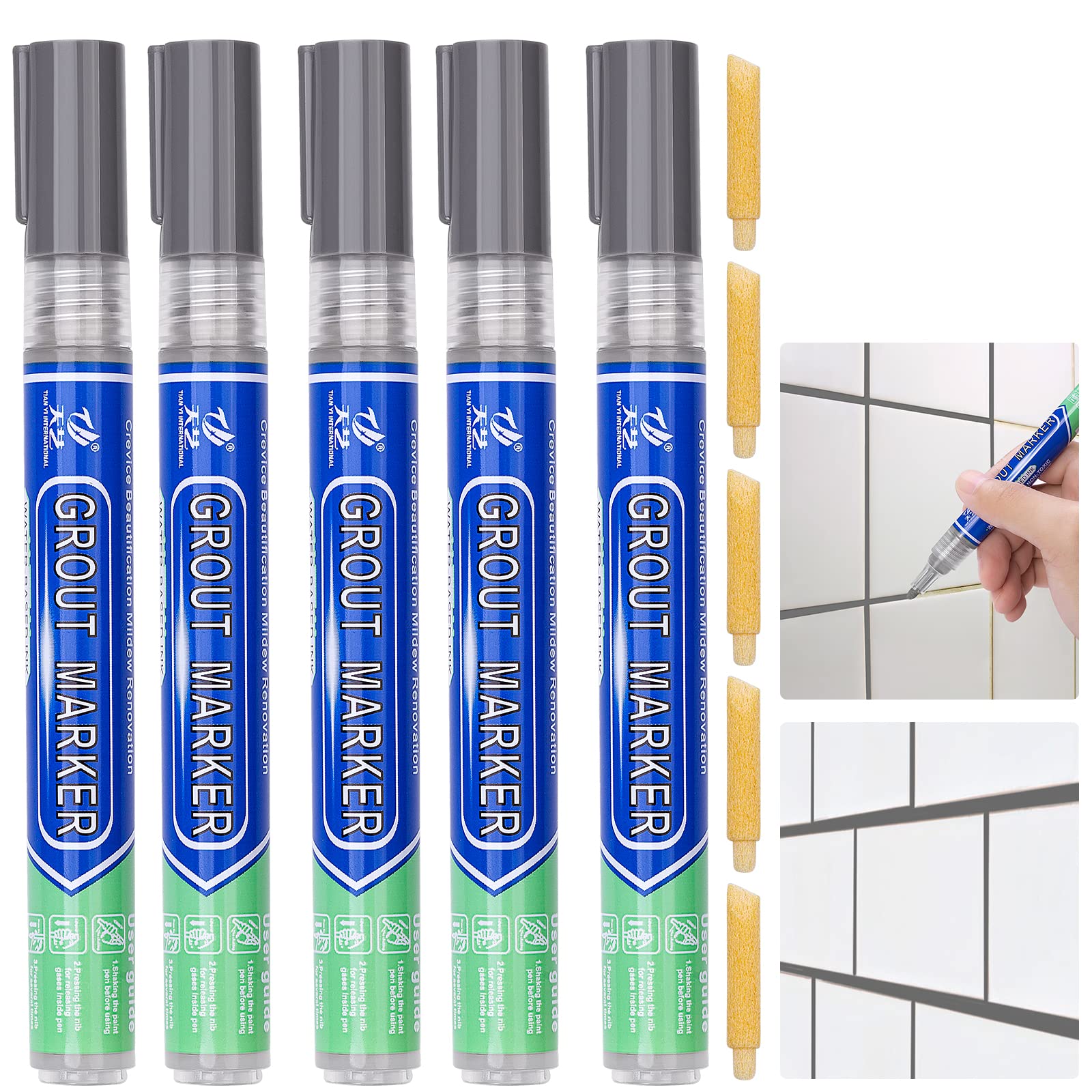 DRTRU 5 Pcs Tiles Grout Pen, Tile Grout Pen Dark Grey Wall Repair Pens, Tile Grout Reviver Pens for Tile Grout Wall Floor Bathrooms and Kitchen Restoring Grout Joints