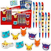 Pokemon Mechanical Pencils 20 Count Party Favors Bundle | 0.7mm Bulk Pikachu Pencil Set with 20 Pencils, 8 Erasers, Plus Stickers, More | Pokemon Classroom Supplies for Kids
