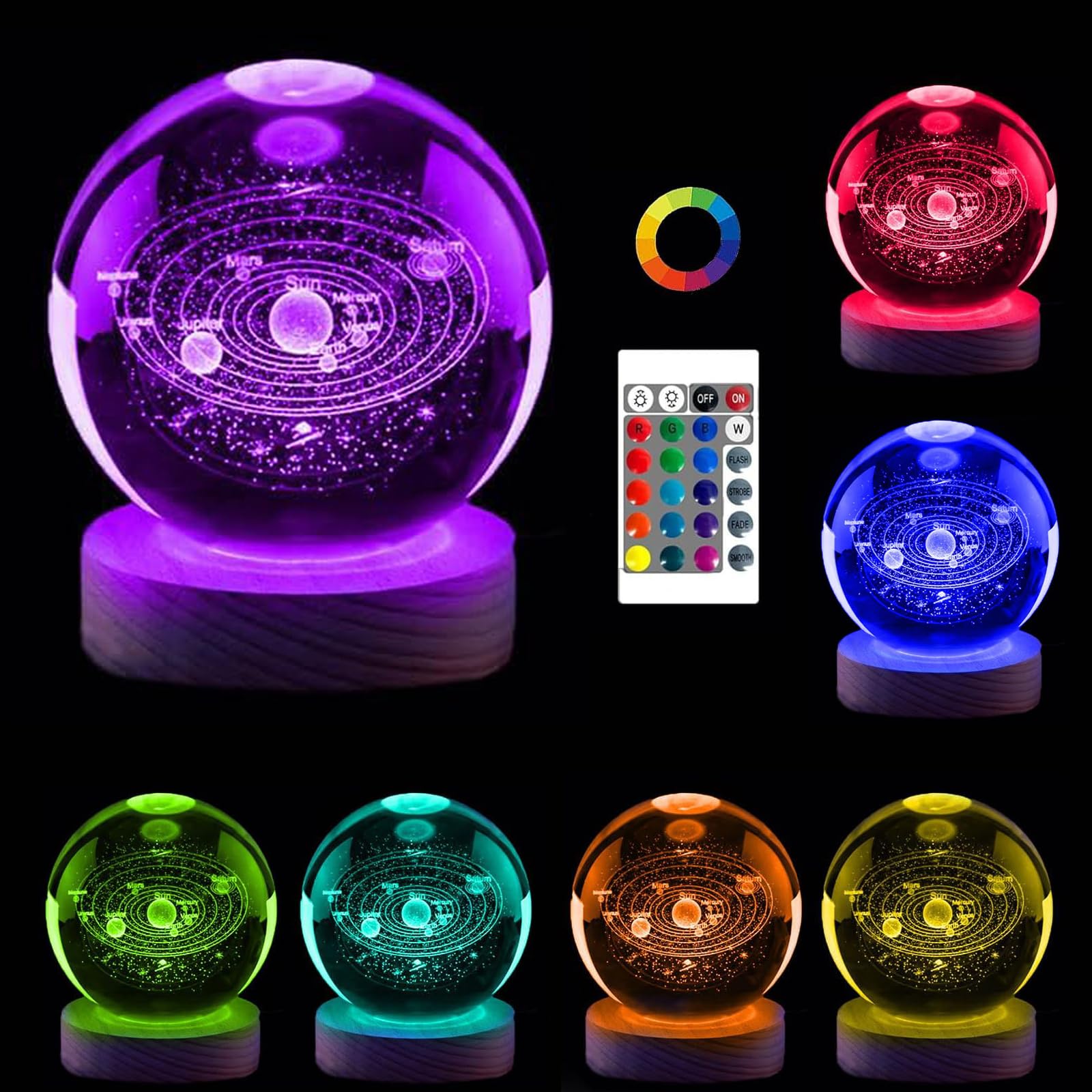 Galaxy Light, 3.15 Inch 3D Solar System Crystal Ball Night Light, 16 Color Change Galaxy Glass Ball Space Lamp with Remote Control LED Wooden Base, Astronomy Gifts for Kids, Boys Girls (Solar System)