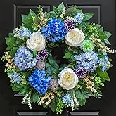 Pinkpuii 26 Inch Spring Wreaths for Front Door Outside– Large Artificial Summer Wreath with Blue Hydrangea, White Peony Flowers and Eucalyptus Leaves– Indoor Outdoor Porch Farmhouse Home Wall Décor