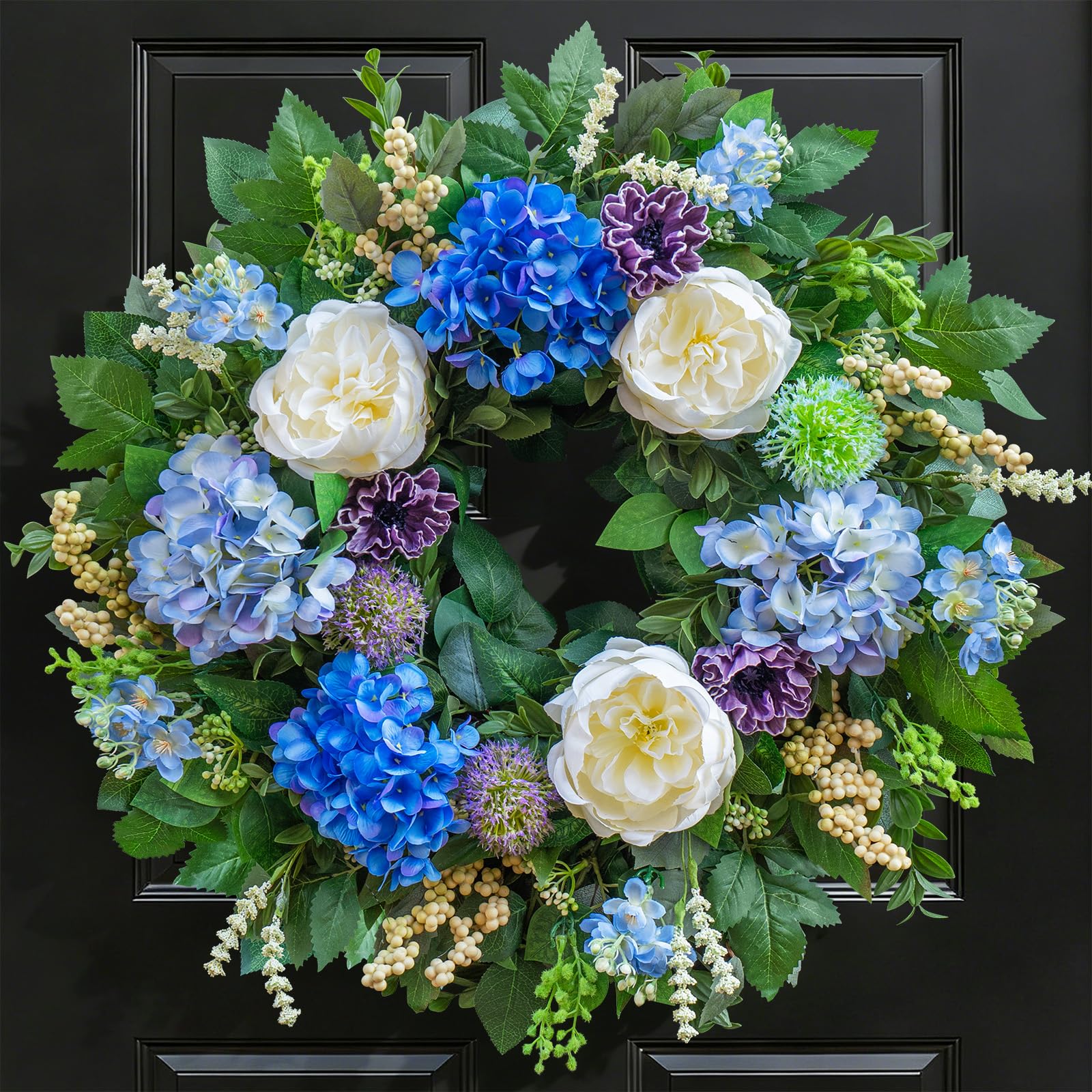 Photo 1 of Pinkpuii 26 Inch Spring Wreaths for Front Door Outside– Large Artificial Summer Wreath with Blue Hydrangea, White Peony Flowers and Eucalyptus Leaves– Indoor Outdoor Porch Farmhouse Home Wall Décor