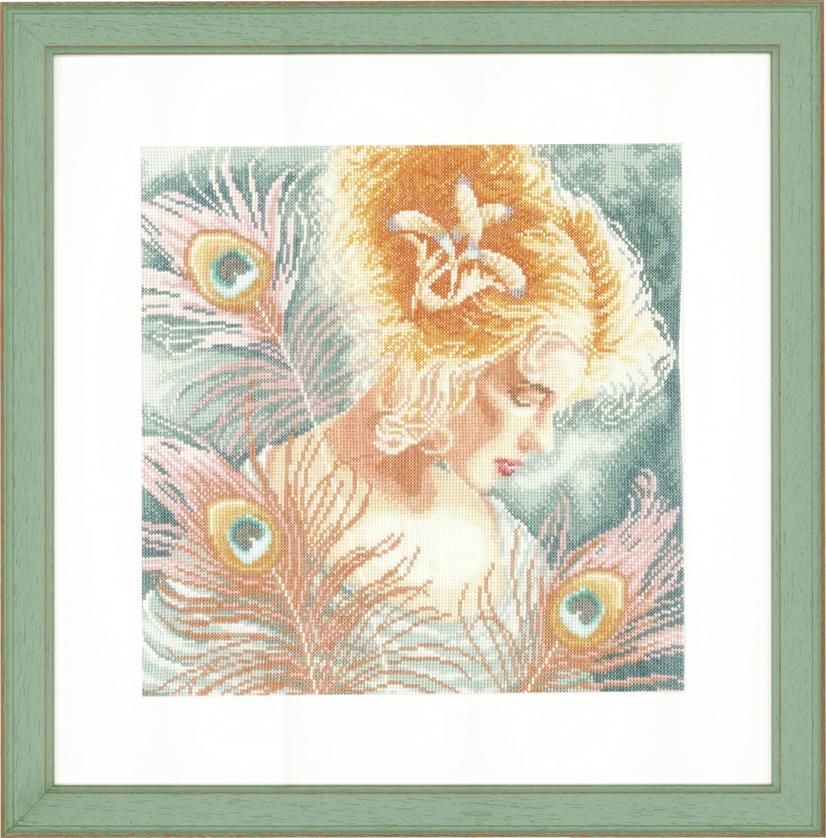 Lanarte Counted Cross Stitch Kit: Young Woman with Peacock Feathers (Linen), NA, 28 x 28cm