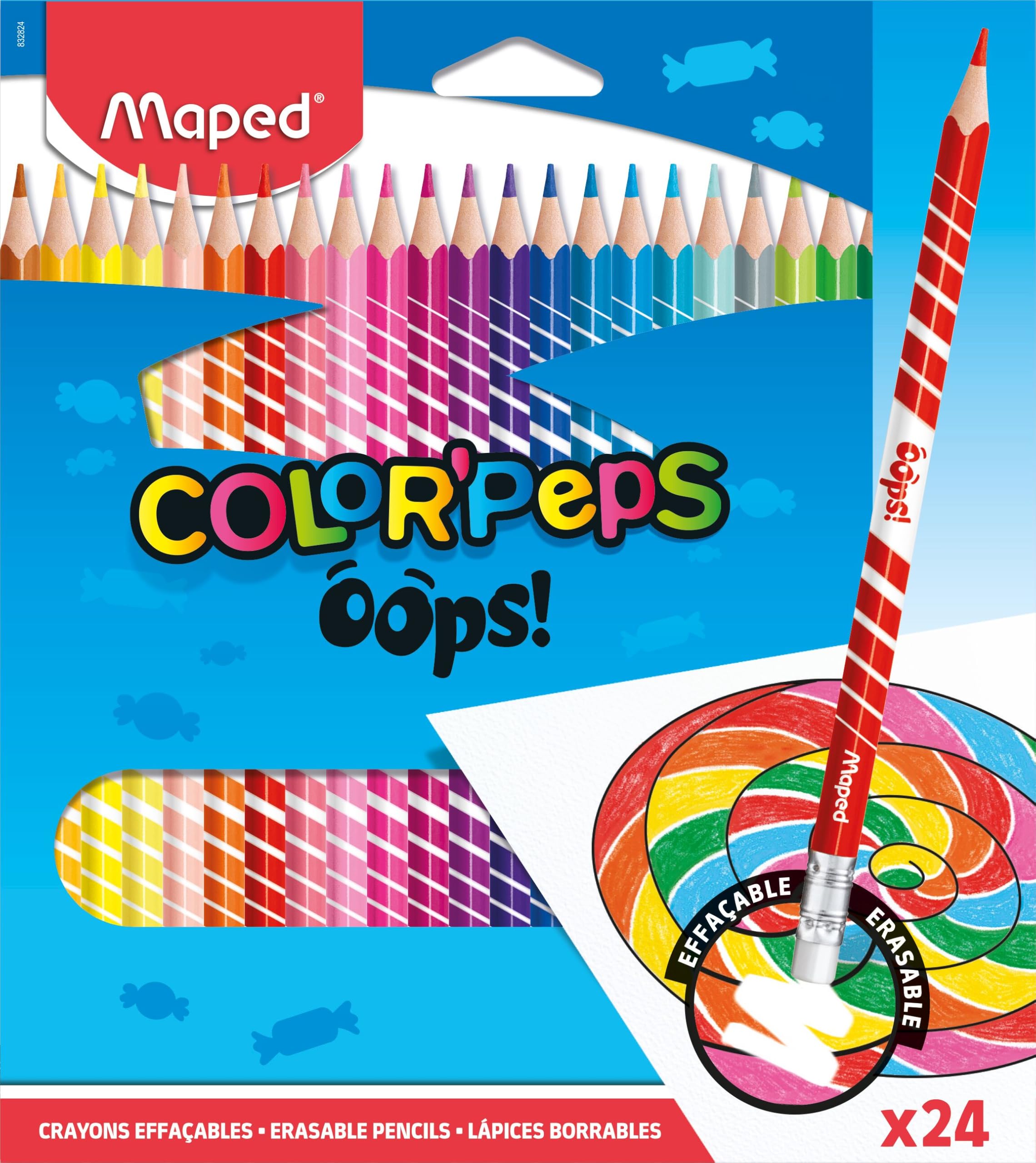 Maped Colour Oops Color'Peps-24 Colouring Pencils with Triangular Ergonomic Eraser Tip - Pack of 24 Erasable Resin Pencils, 832812
