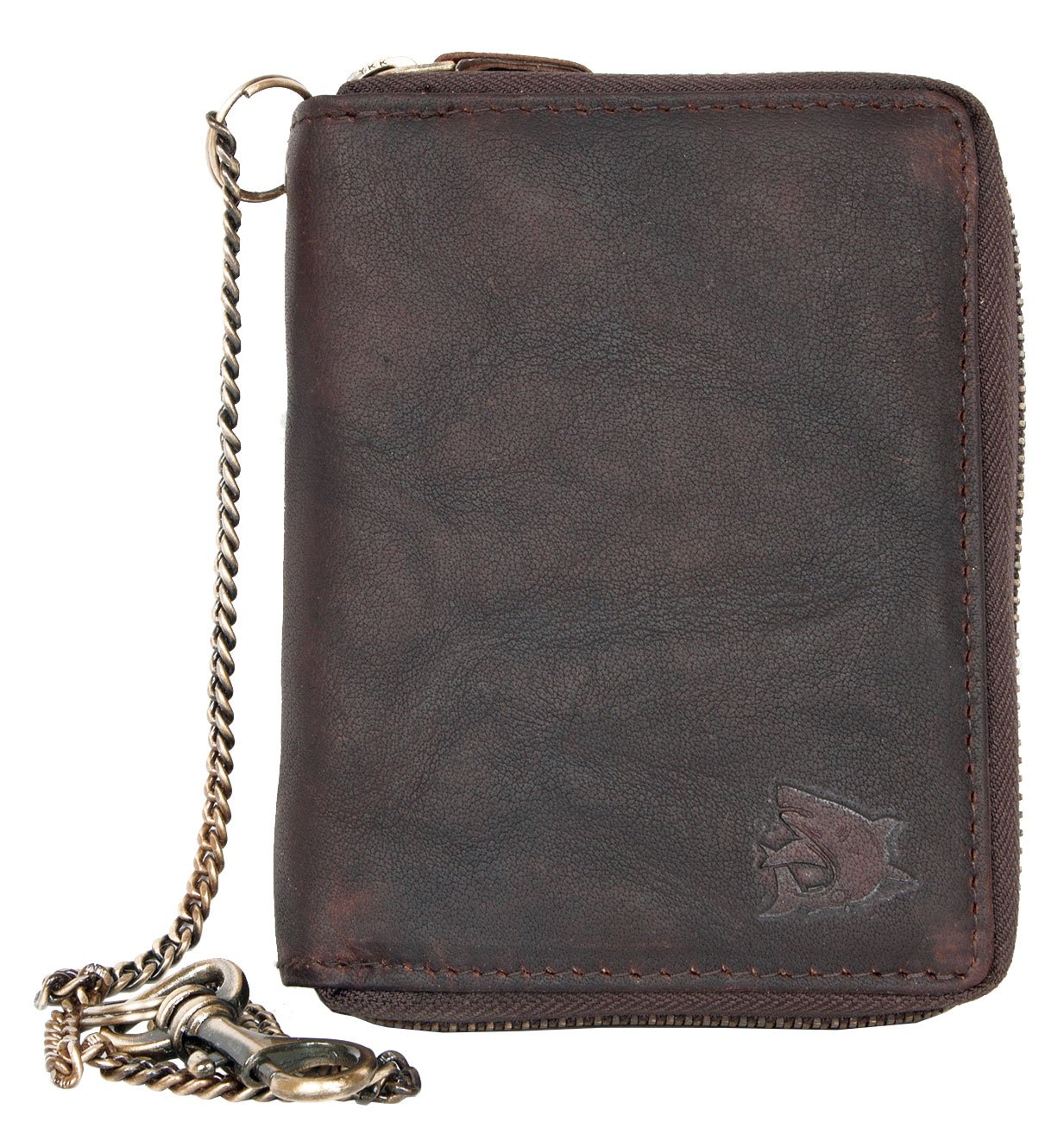 FLW Men's genuine leather wallet with metal zipper around with a shark with chain