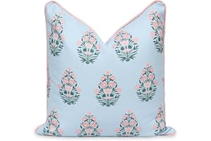 Hofdeco Premium Coastal Patio Indoor Outdoor Throw Pillow Cover Only, 18"x18" Water Repellent for Backyard, Couch, Baby Blue Blush Pink Floral with Piping