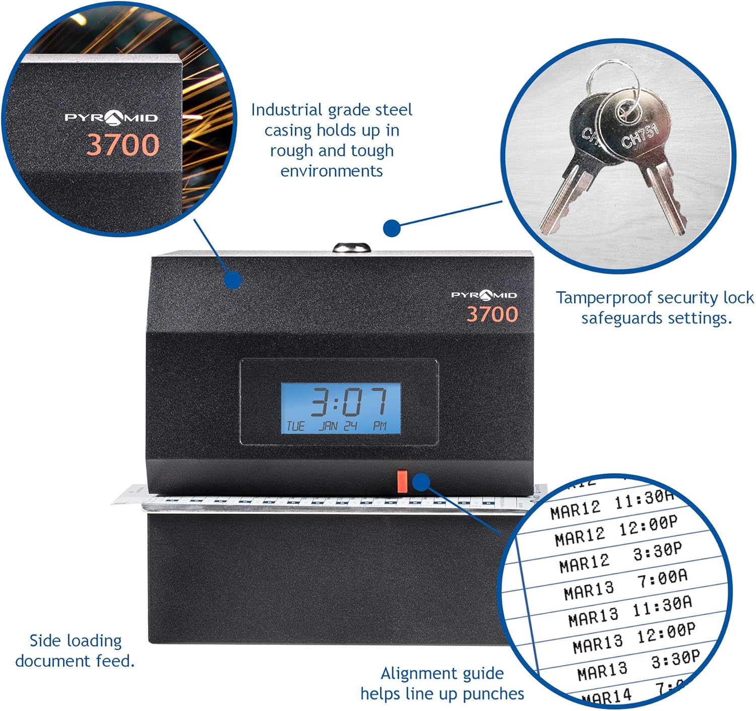 Pyramid Time Systems 3700 Heavy Duty Steel Time Clock and Document Stamp, Prints employee time & up to 14 pre-programmed messages, Made in the USA, Black : Office Products