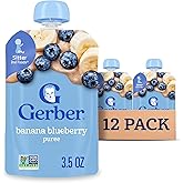 Gerber Stage 2 Baby Food, Banana Blueberry Puree Pouch, 2 Servings of Fruit, No Added Sweetener, No Artificial Colors or Flavors, 12-Pack