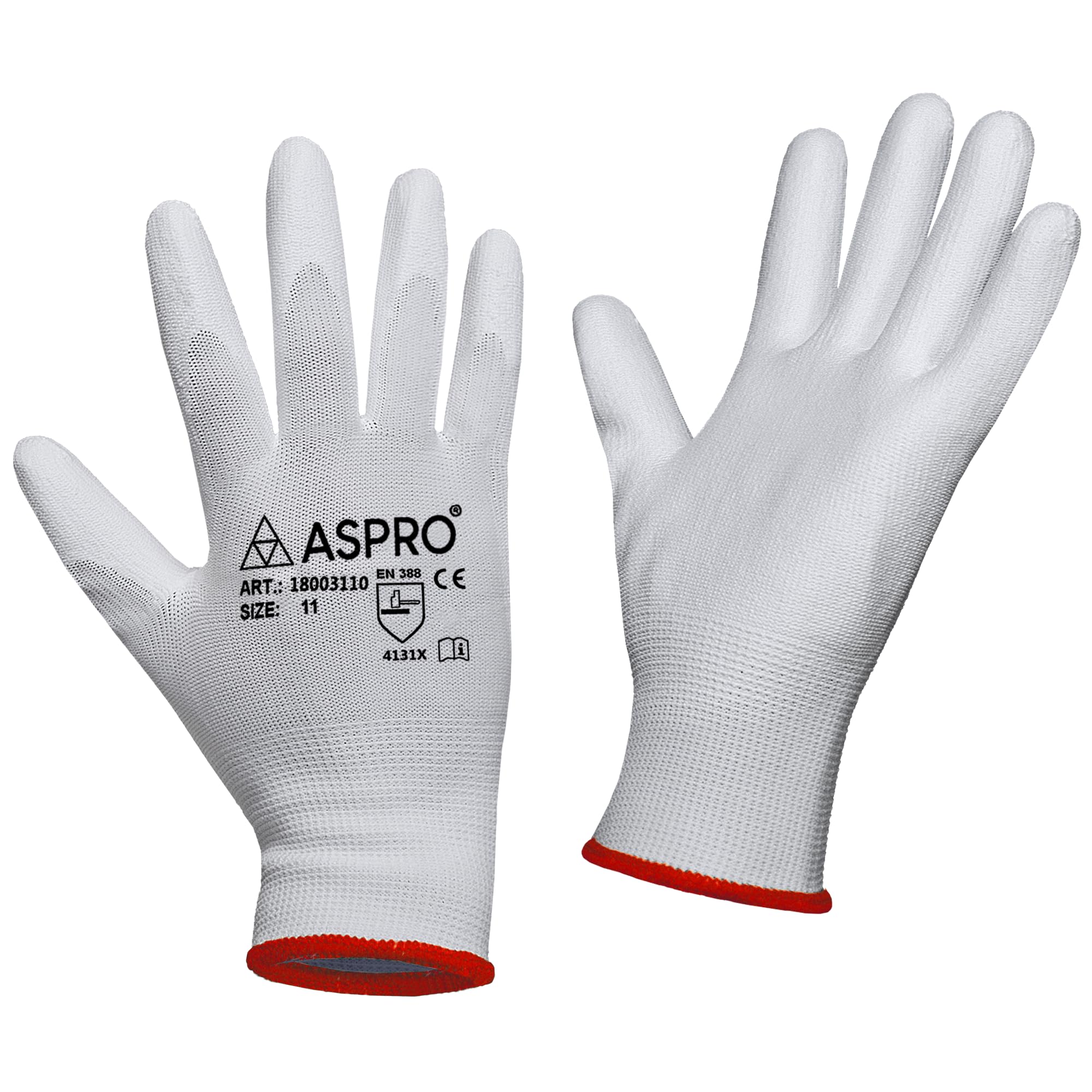 10 Pairs - Size XXL(11) - White Nylon PU coated work gloves for builders, gardeners, etc - By ASPRO (10 pairs, XX-LARGE (size 11))