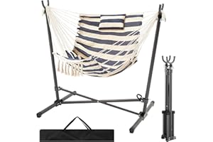 ANTIFIR Hammock Chair with Stand Included Hanging Chair Macrame Boho Handmade Adjustable Swing with Headrest and Side Pocket Indoor Outdoor Patio Yard Garden Porch 450lbs Capacity(Blue-White)