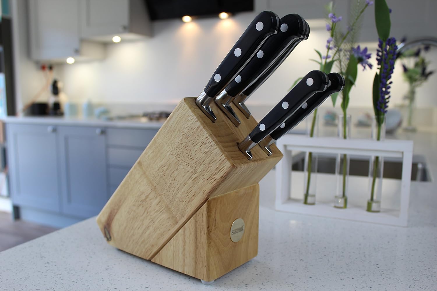 5 Piece Sabatier Professional Knife Block Set Solid Wood Block, Full