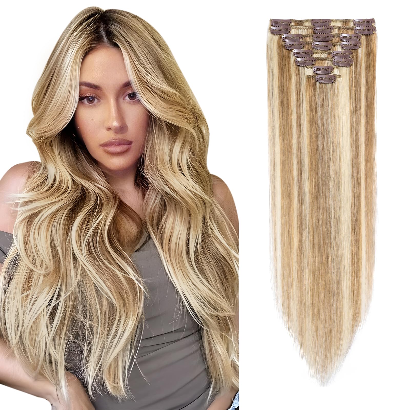 Elailite Hair Extensions Clip in Real Hair Remy Human Hair Full Head - 8 Pcs Invisible Thin Weft - Mix #12/613 Golden Brown & Bleach Blonde - 10 Inch — image 1