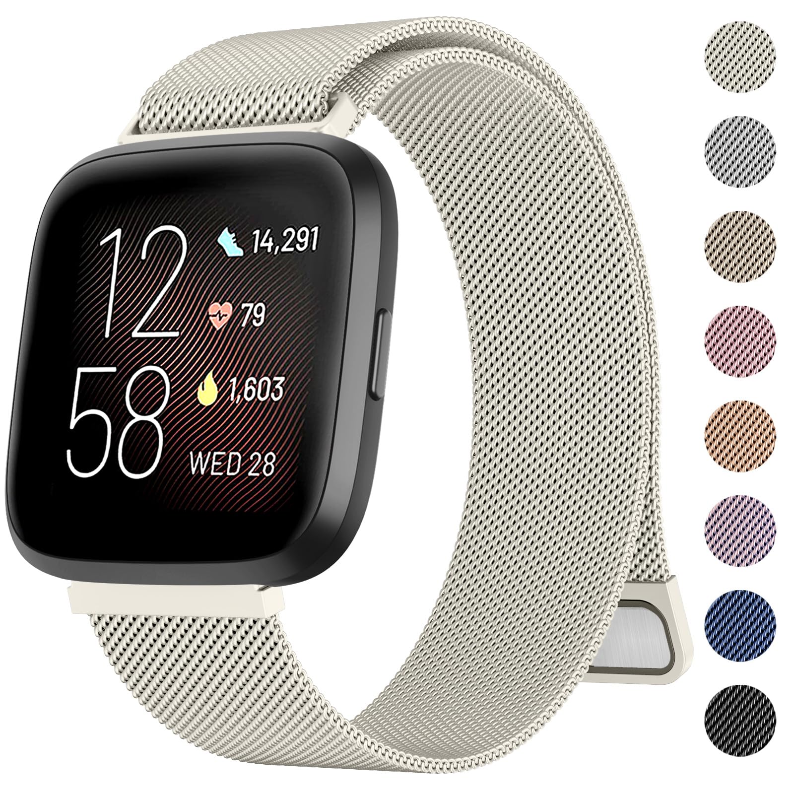 Metal Strap for Fitbit Versa 2, Versa Lite, and Versa - Breathable Stainless Steel Mesh Loop Adjustable Wristband for Women and Men (Starlight, Small for 140mm - 215mm Wrists)