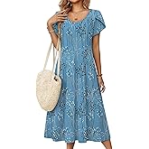 Zeagoo Women Midi Dresses for Summer 2026 Short Sleeve Casual Flowy Dress A Line Pleated V Neck Beach Sundress with Pockets