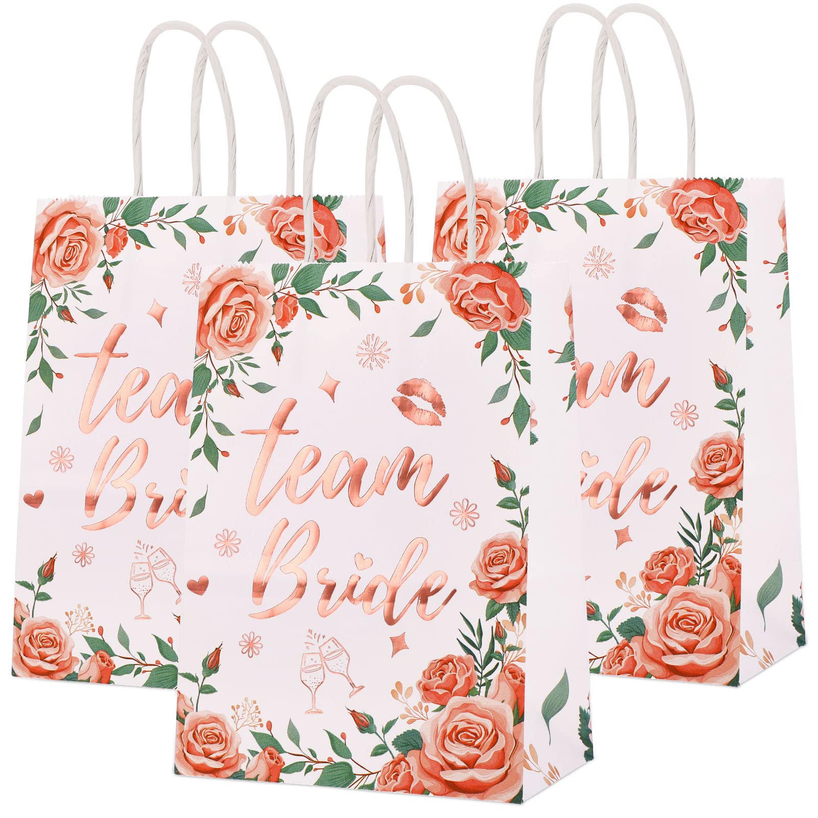 HOWAF 12 PCS Team Bride Bags Hen Party Bags, Rose Gold Floral Team Bride Gift Bag with Handle, Wedding Goodie Bag for Wedding, Bachelorette Party, Hen Do Accessories