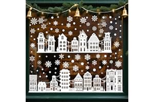 AhfuLife 173Pcs Christmas Window Clings, 9 Sheets White House Snowflake Window Decals for Christmas Decorations, Reusable Double Sided Xmas Stickers for Home Party Decorations
