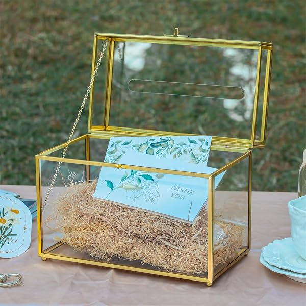NCYP SMALL 9.8″ X 5.6″ X 7.7″ GLASS WEDDING CARD BOX WITH SLOT AND LOCK – BIRTHDAY PARTY RECEPTION, INDOOR TABLETOP CENTERPIECE, GOLD DECORATION – SLOT LENGTH 7.1 INCHES (GLASS BOX ONLY)