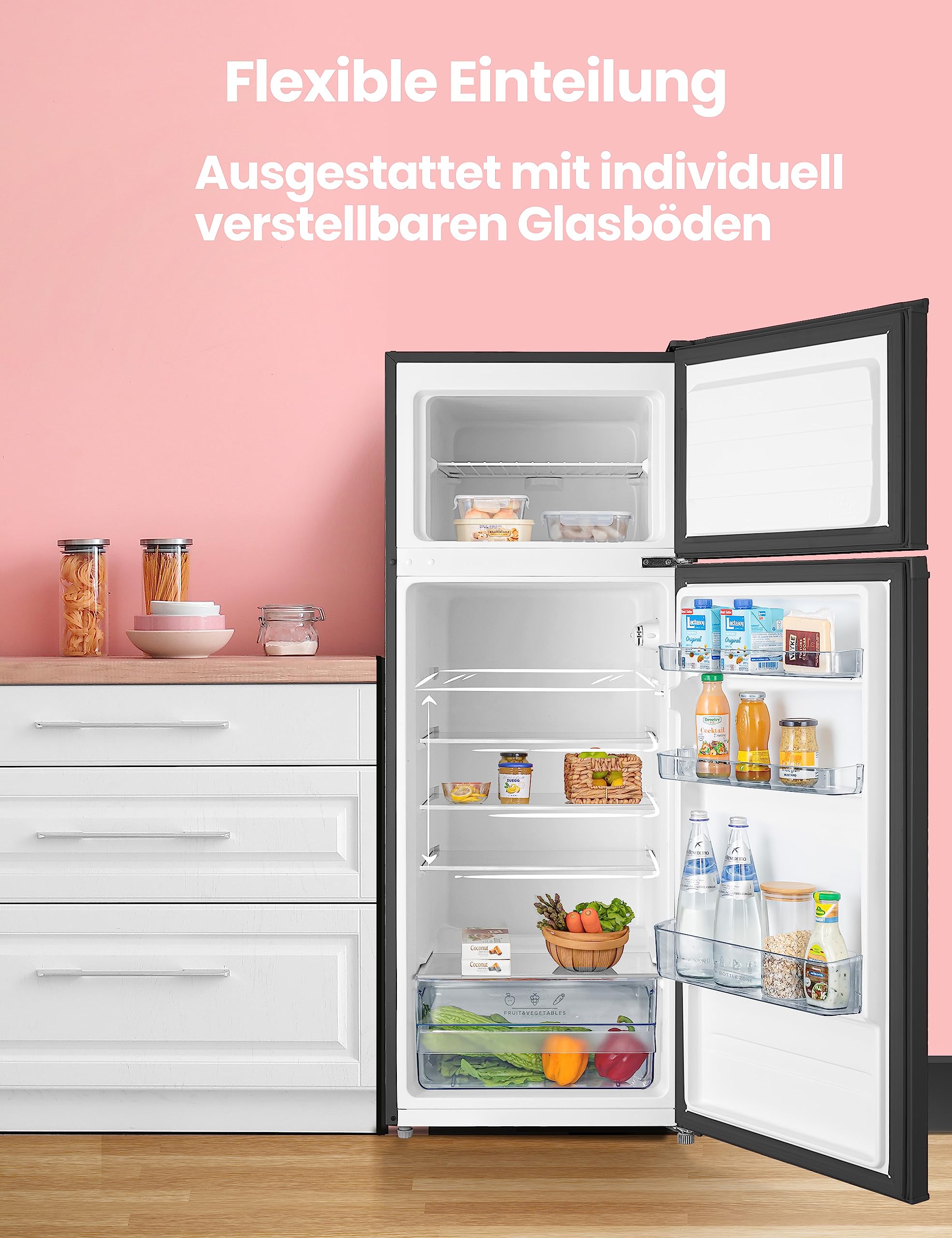 Comfee RCT284DK2A Kühl-/Gefrierkombination/Gefrierteil oben/176 kWh/Jahr/143cm Höhe/LED Licht/Reversibles Türscharnier/Schwarz 5
