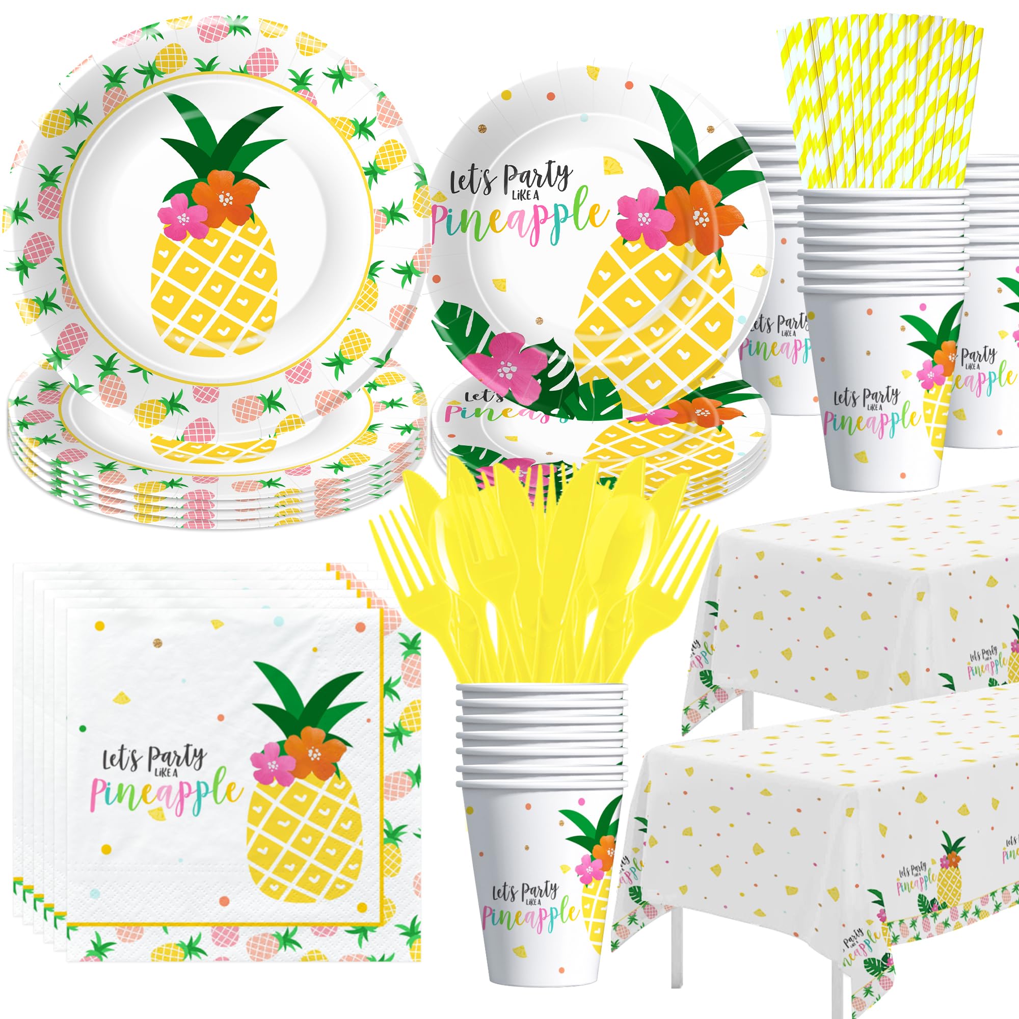Photo 1 of Xenorik Pineapple Party Decorations Tableware, Summer Hawaiian Luau Theme Pineapple Birthday Party Supplies Dinnerware, Paper Plate, Cup, Napkin, Cutlery, Tablecloth, Serves 24