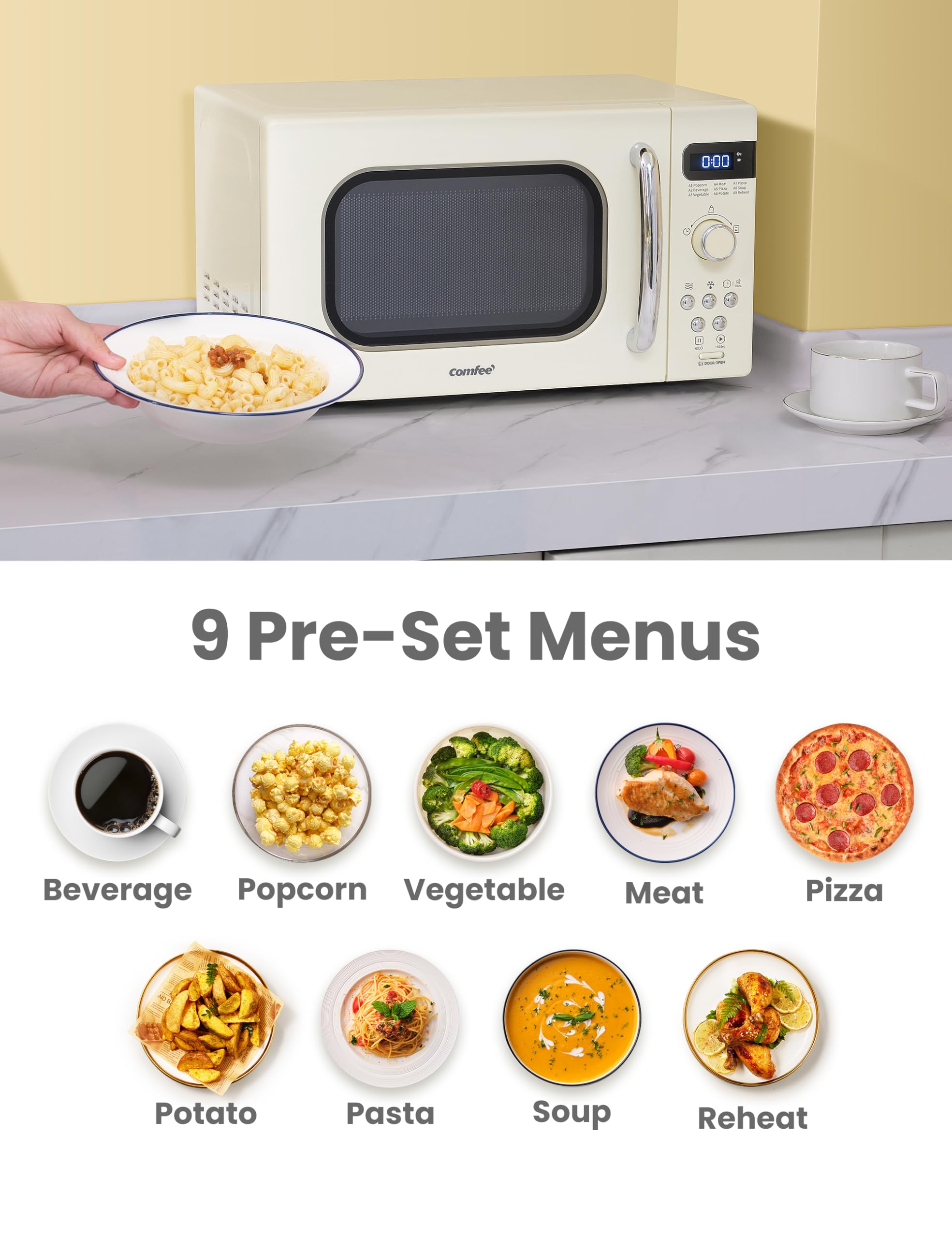 COMFEE' Retro Small Microwave Oven With Compact Size, 9 Preset Menus, Position-Memory Turntable, Mute Function, Countertop Perfect For Spaces, 0.7 Cu Ft/700W, Cream, AM720C2RA-A