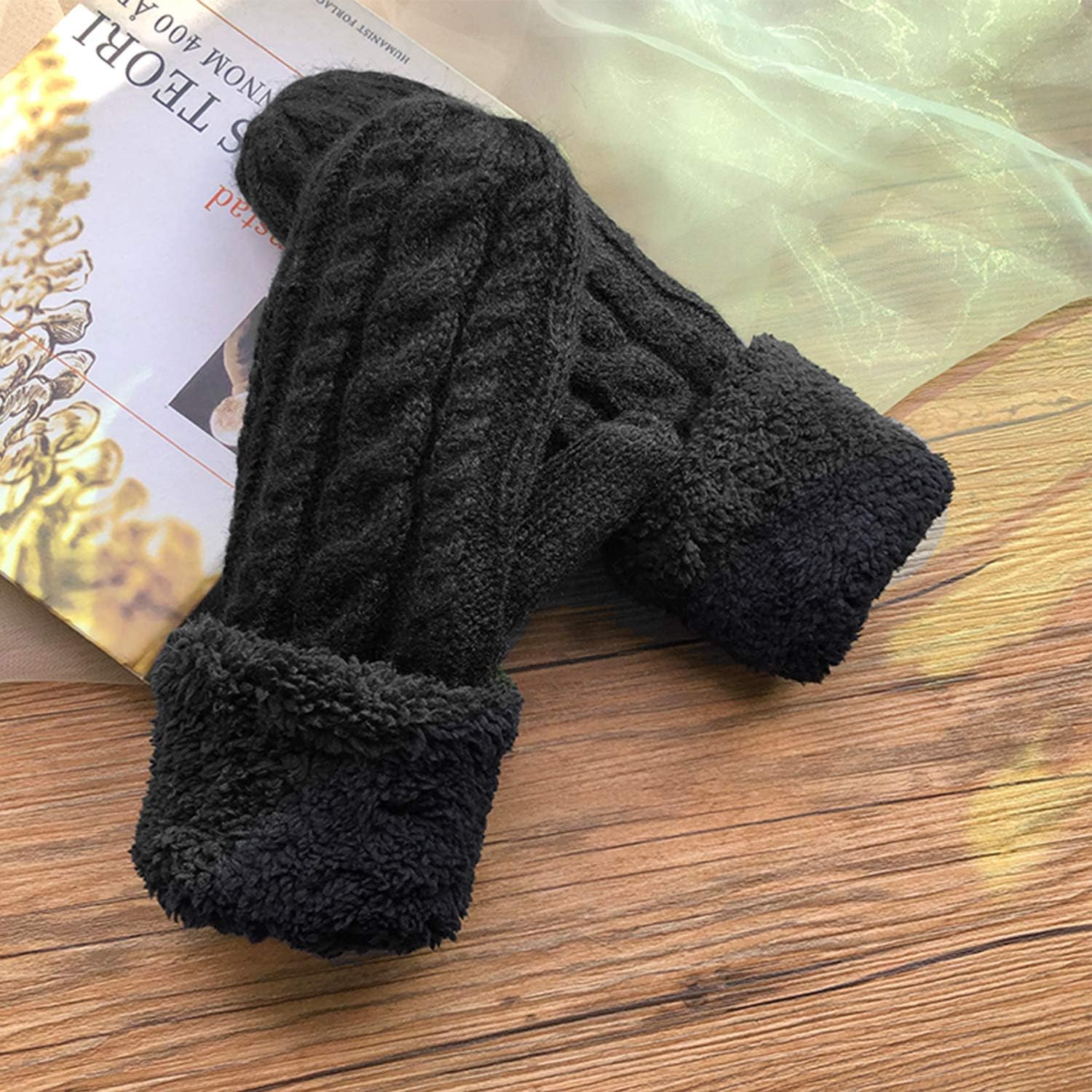 Womens Winter Gloves Knit Warm Mittens for Women Gifts with Plush Lining Cold Weather Accessories(A-a Black, one size) at  Women’s Clothing store