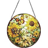 Rosporxin Suncatcher Stained Glass Window Hanging - Sunflower Glass Panel with Metal Chain and Hooks Handmade Sun Catcher Decoration for Window Garden Home Christmas & Birthday Gifts (7.8 Inch)