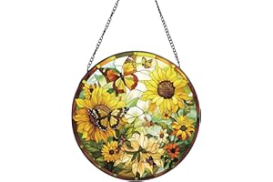 Rosporxin Suncatcher Stained Glass Window Hanging - Sunflower Glass Panel with Metal Chain and Hooks Handmade Sun Catcher Decoration for Window Garden Home Christmas & Birthday Gifts (8 Inch)