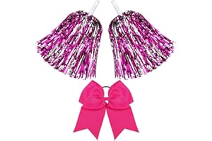 Hanaive 3 Pcs Cheerleading Pom Poms and Large Cheerleader Hair Bow Metallic Foil Cheerleader Pompoms Cheer Supplies for Dance Squad Rooters Sport Team Accessories