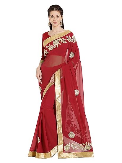 Womens Faux Georgette Gotta Patti Saree With Blouse Piece (9919 - Red - Free Size)