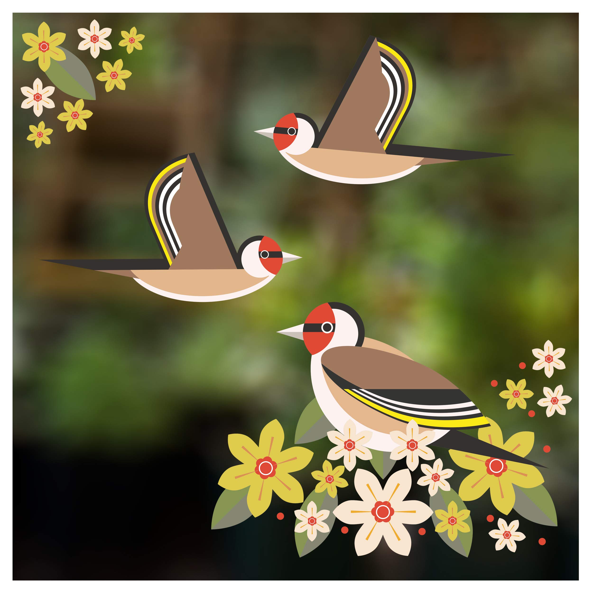 I Like Birds - Birds & Blooms Goldfinch Window Stickers - Set of 3 Decorative Glass Static Clings