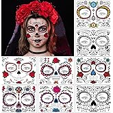 8 Sheets Day of the Dead Face Tattoos -Halloween Temporary Tattoo Face Stickers Kit Día de Los Muertos Glitter Red Roses Skeleton Sugar Skull Fake Tattoo for Halloween