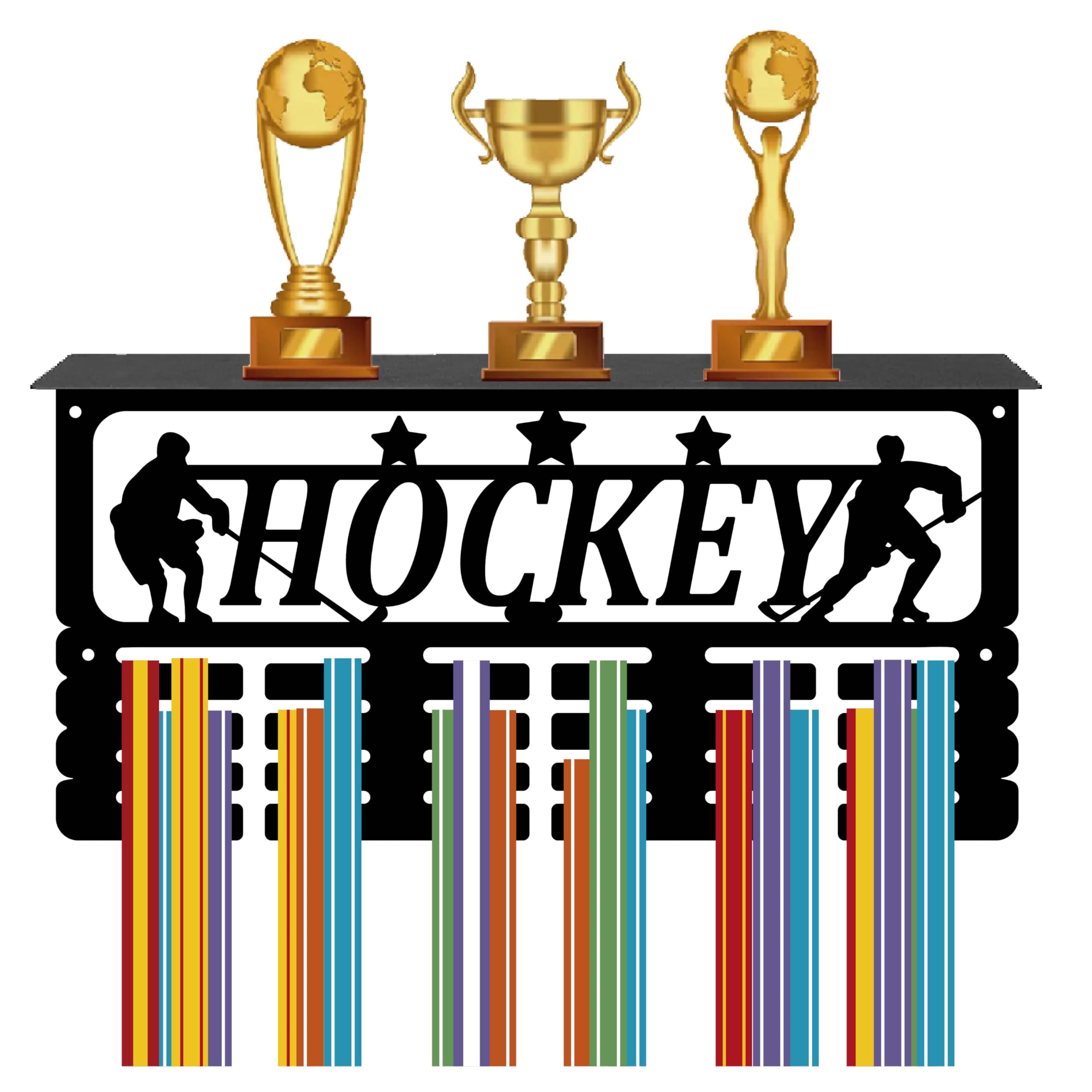 CREATCABIN Hockey Medal Holder Trophy Shelf Medal Hanger Display with Shelf Stand Sports 4 Rows Wall Mount Hold 70+ Medals for Men Gymnastics Soccer Running Swimming Awards Rack 15.7 x 7.9 Inch