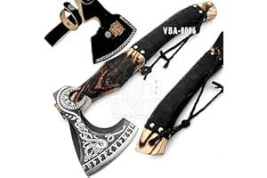 SHINY CRAFTS-Axes Handmade Viking Axe Hatchet Norse Battle Axe-Valhalla Runic Axe, Carbon Steel Viking Axe Head, Engraved Handle, Wolf Camp Axe, Genuine Leather Sheath & Wrap (VBA 06)