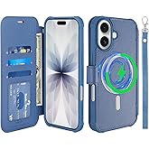 VANAVAGY Compatible for iPhone 17 Wallet Case for Magsafe Wireless Charging, PU Leather Flip Folio Shockproof Phone Cover with Wrist Strap RFID Blocking Card Holder [Screen Protector],Blue