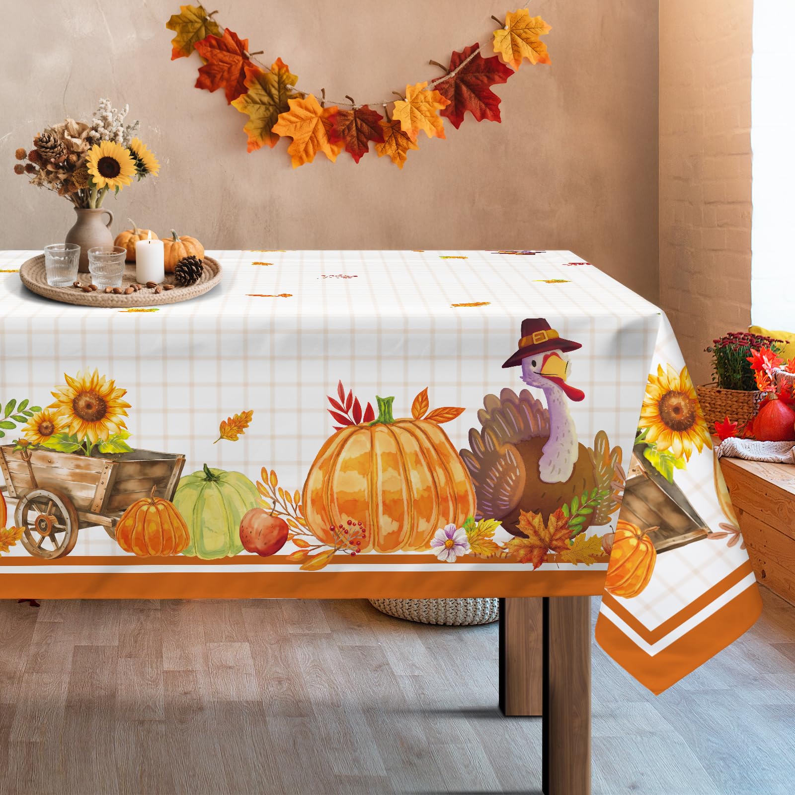 Arquiel Thanksgiving Turkey Tablecloth Waterproof Fall Maple Leaves Pumpkins Table Cloth Rectangle Stain Resistant Seasonal Table Cover for Home Kitchen Dining Party Decoration (152 * 304cm)