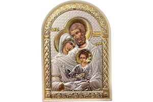 (PL-3/005G/B) Holy Family Byzantine Silver Orthodox Icon/Greek Handmade (White, 5 x 3)