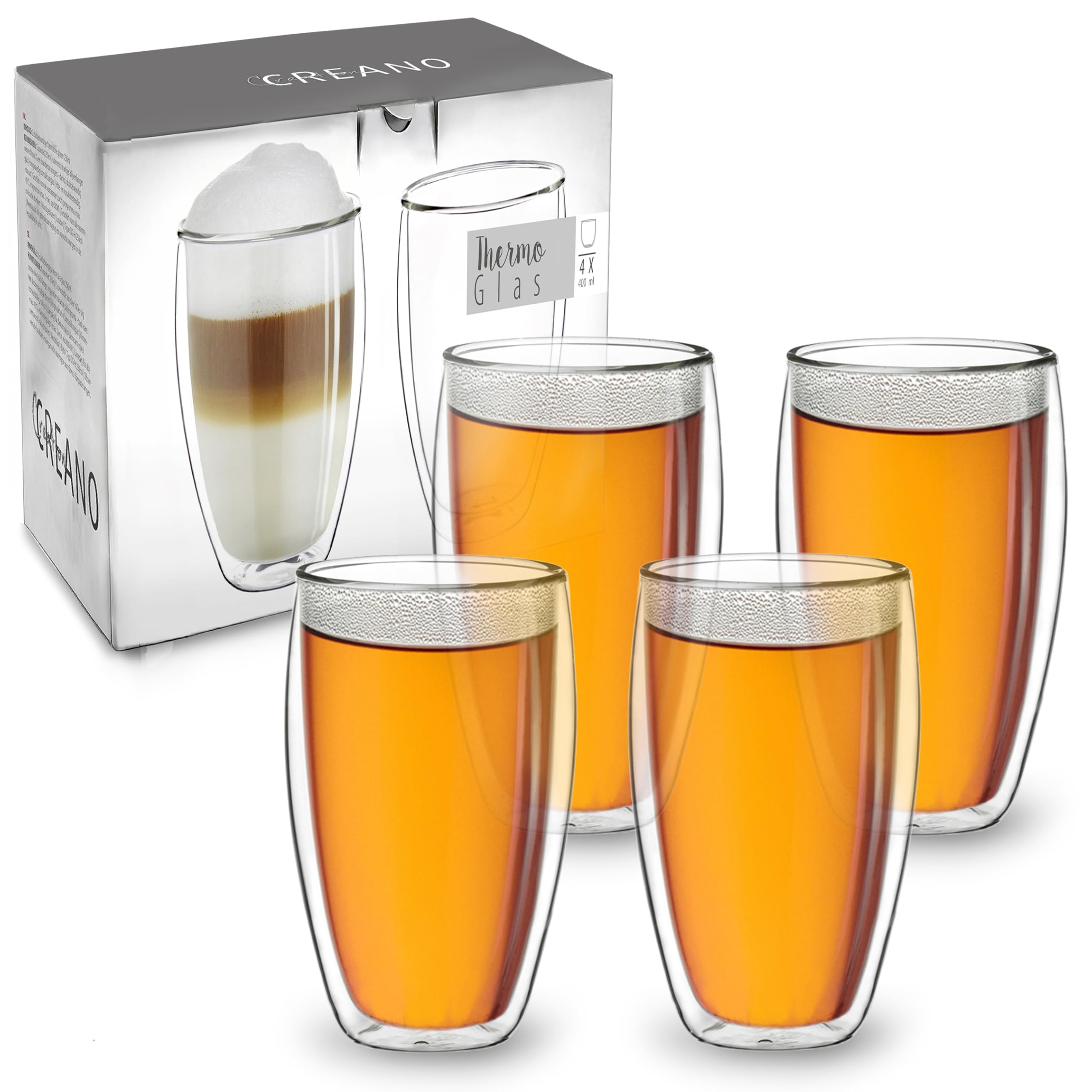 Creano Double Walled Coffee Glasses 400ml - Insulated XXL Cappuccino Cups - Latte Macchiato, Tea - Also Suitable for Small Hands - 4 pcs (Pack of 1)