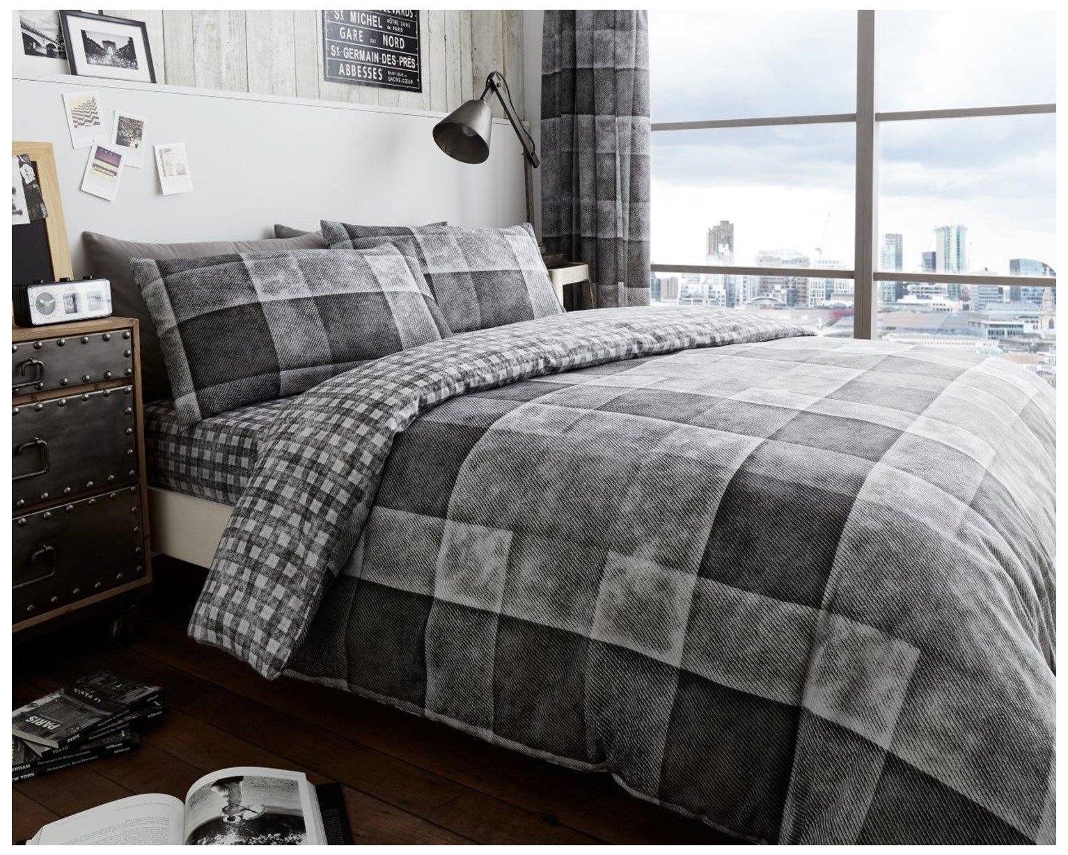 Comfy DENIM CHECK Bed Set with Duvet Cover and Pillow Cases, Polyester-Cotton, Grey, Single