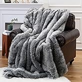 BATTILO HOME Wolf Faux Fur Blanket, Extra Large Fox Fur Throw Blankets for Couch, Bed, Super Soft, Fluffy, Eelegant, Grey with Black Tips Blanket Reversible to Plush Velvet, (Grey, 60"x80")