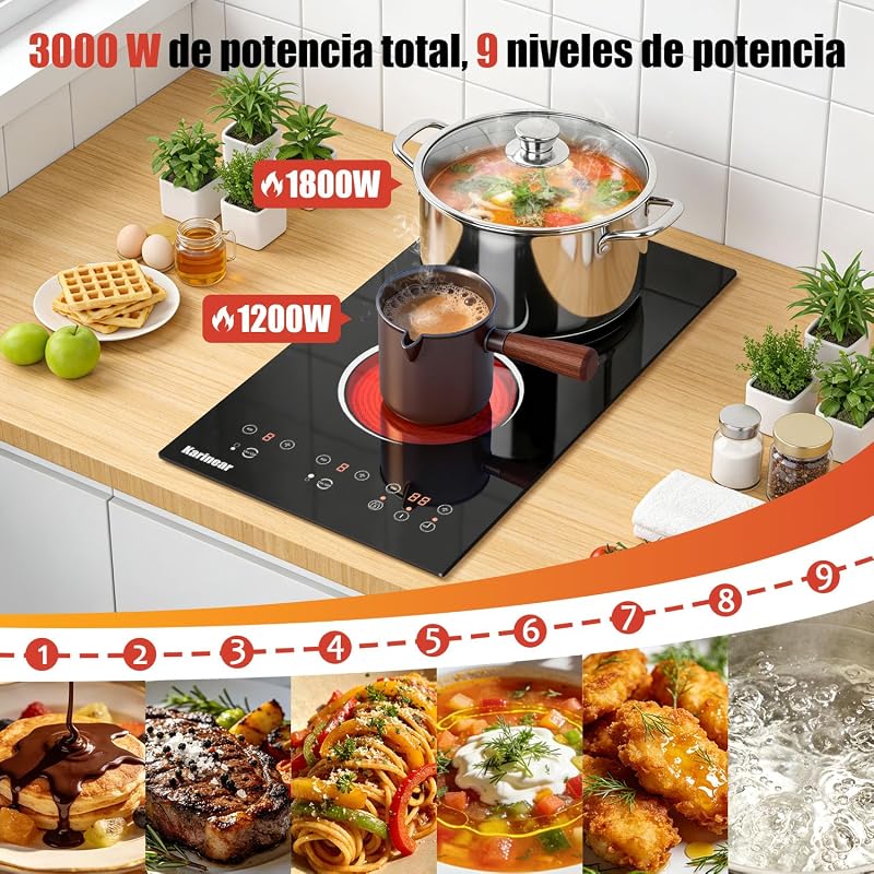 Placa Vitrocerámica Portatil 2 Fuegos con Enchufe, 3000 W