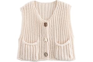 FindThy Women’s Cropped Sweater Vest Cute Crewneck Button Down Sleeveless Crop Knit Cardigan with Pocket
