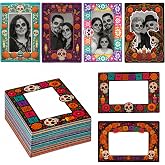 30 Day of the Dead Paper Picture Frames for Dia De Los Muertos Altar Decor | Paper Photo Frames in 6 Different Designs, for Ofrenda Tabletop Displays, Halloween Remembrance, 4 x 6in Outer Frame Size