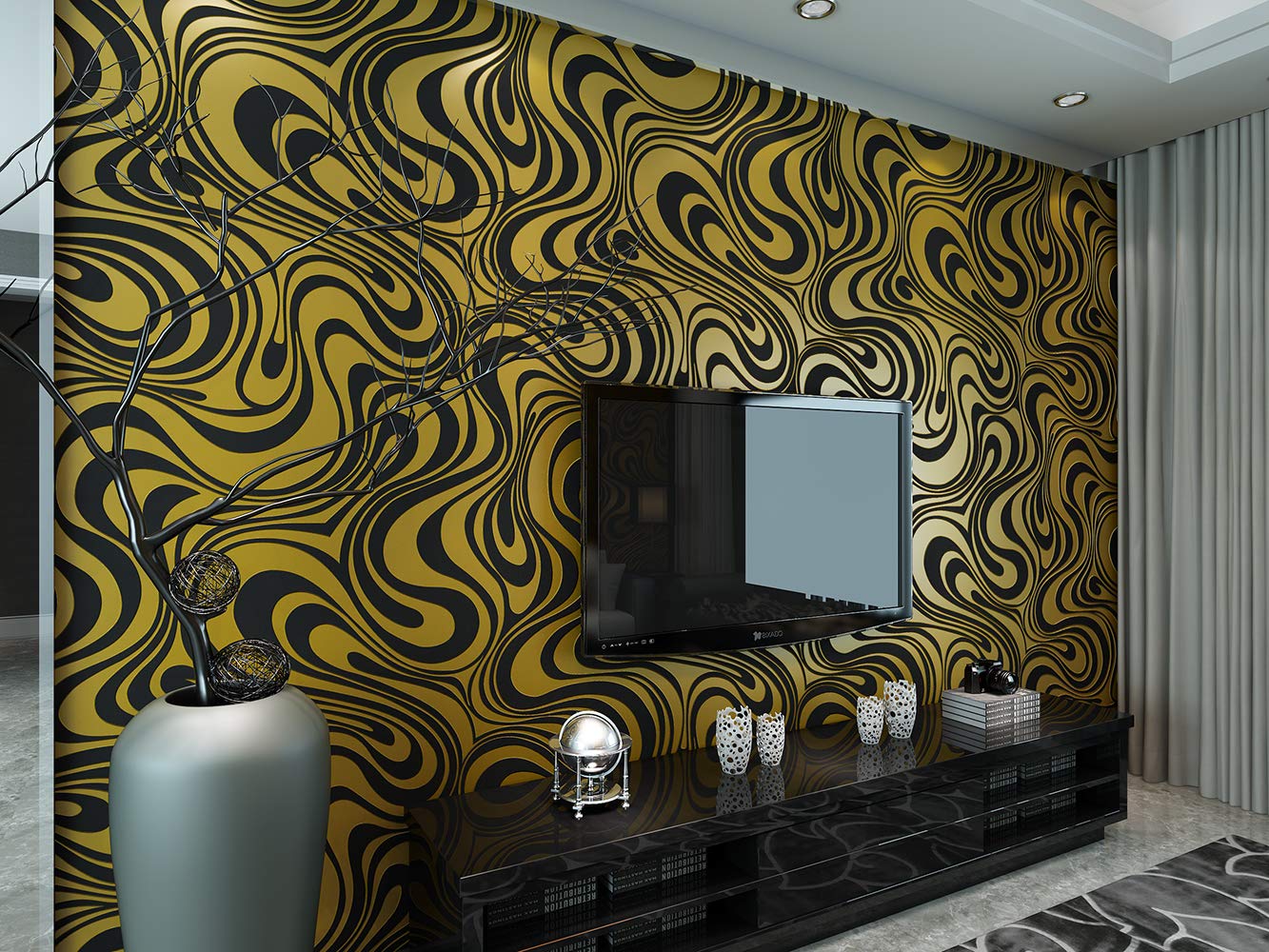 KeTian Modern Luxury 3D Abstract Curve Wallpaper Non-Woven Flocking Strips for Living Room/Bedroom Wallpaper Roll 0.7m (2.29' W) x 8.4m (27.56' L) = 5.88㎡ (63.11 sq.ft) (Black&Gold)