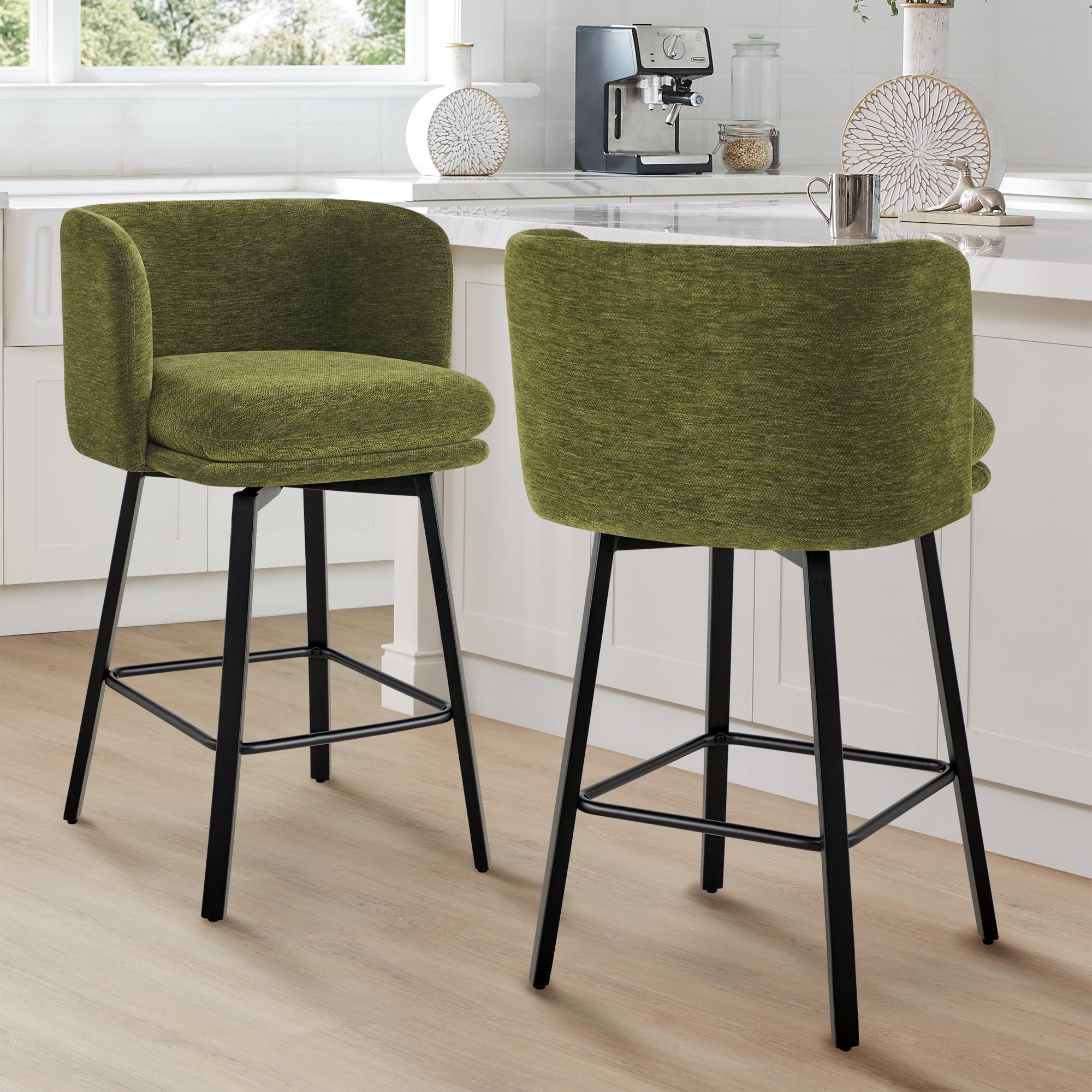 View 1 of ***ONLY ONE CHAIR***26" H Counter Height Swivel Bar Stools Set of 2, Barrel Counter Stools with Backrest, Linen Fabric Upholstered Barstools with Metal Legs for Kitchen Island,Green